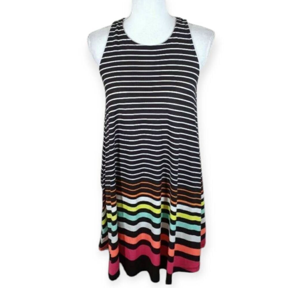 NO BOUNDARIES BLACK & WHITE STRIPE W/MULTICOLOR STRIPES SWING DRESS SZ.M EUC.